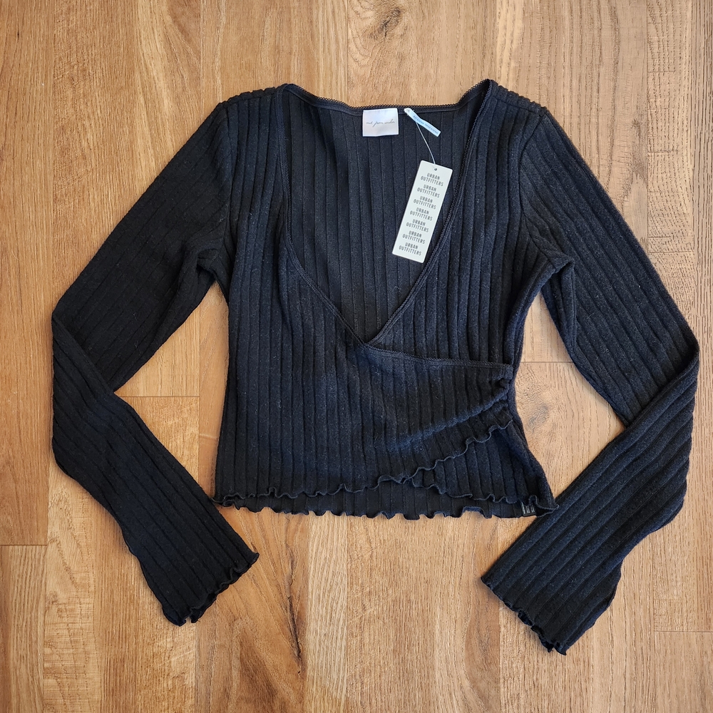 Black Ribbed Faux Wrap Top